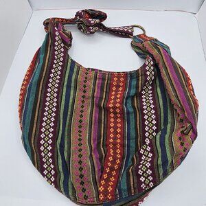 Boho Chic Hippie Striped Handwoven Shoulder Bag With Adjustable Knotted Strap &
